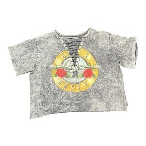 Guns N Roses Bravado Acid Wash Lace Up Graphic Crop Top Grey Band Tee